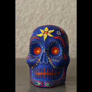 Blue Day of the Dead Halloween Papier Mache Hand Painted Skull (Made in Mexico)